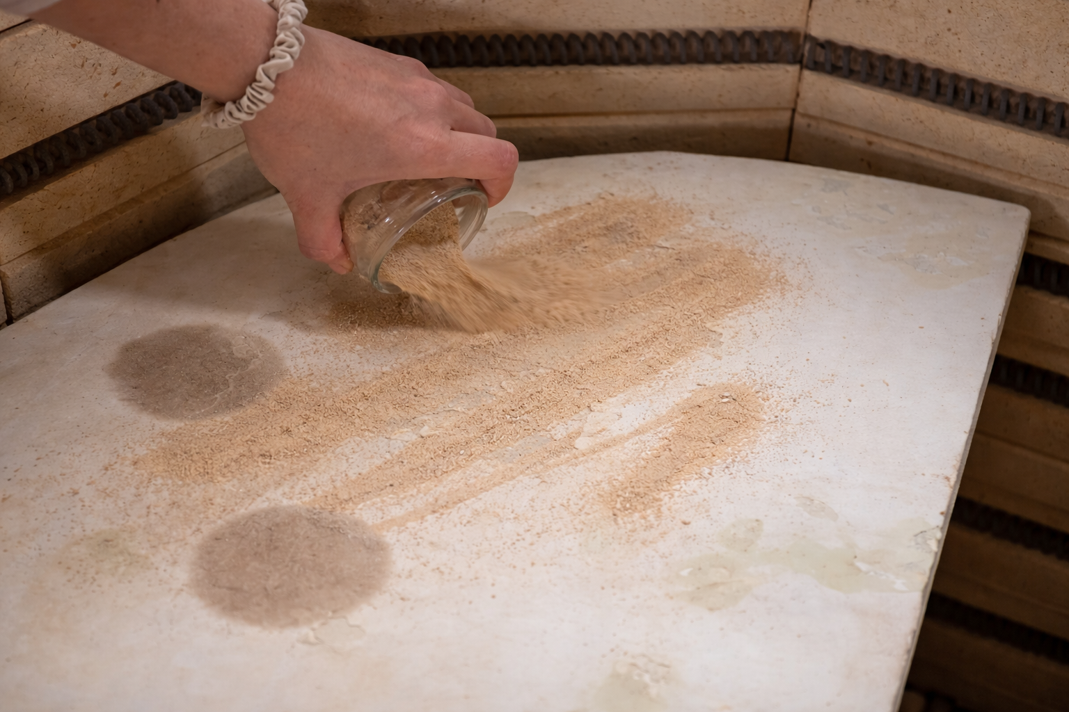 Verser du sable sur les plaques d'enfournement