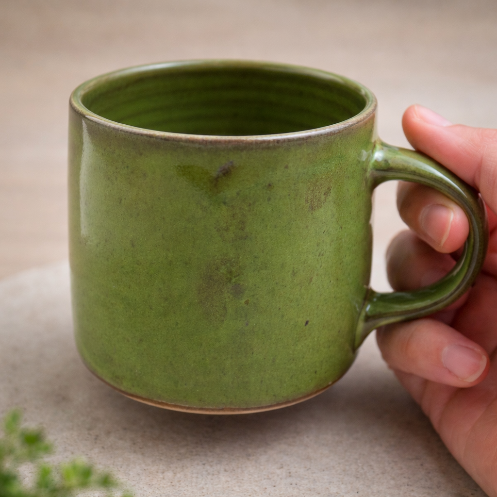 Mug en grès avec émail Matcha vert brillant appliqué à haute température
